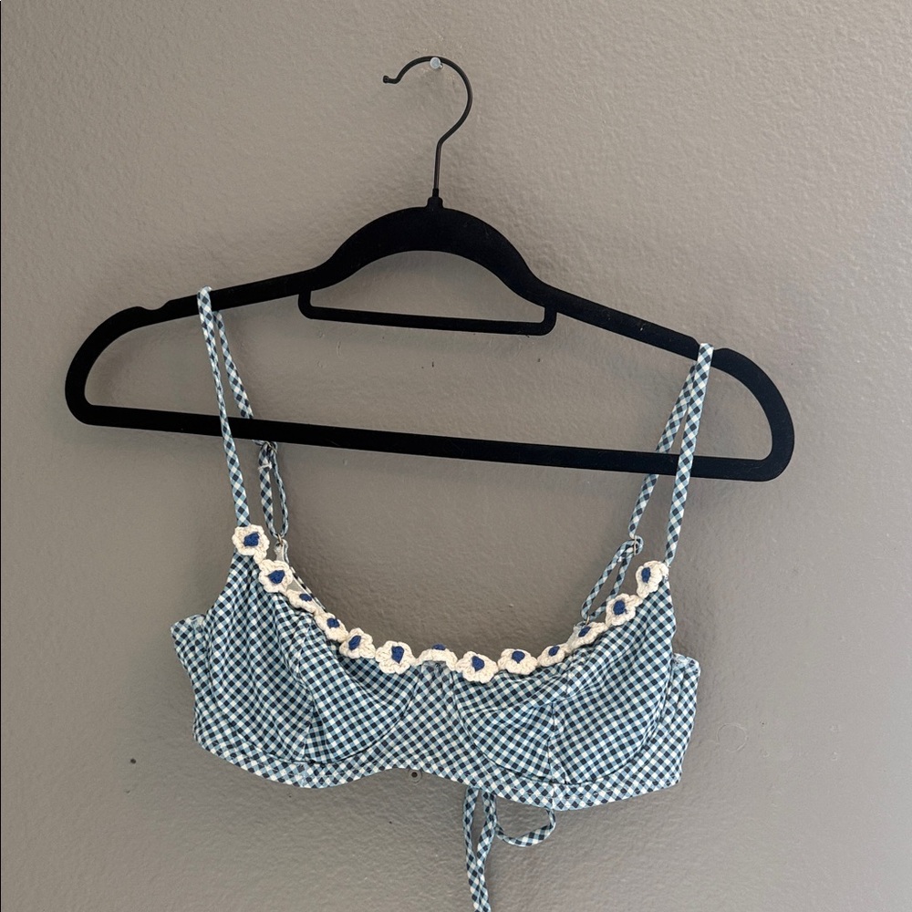 FRANKIES BIKINIS Blue Gingham bikini Top with Floral Trim